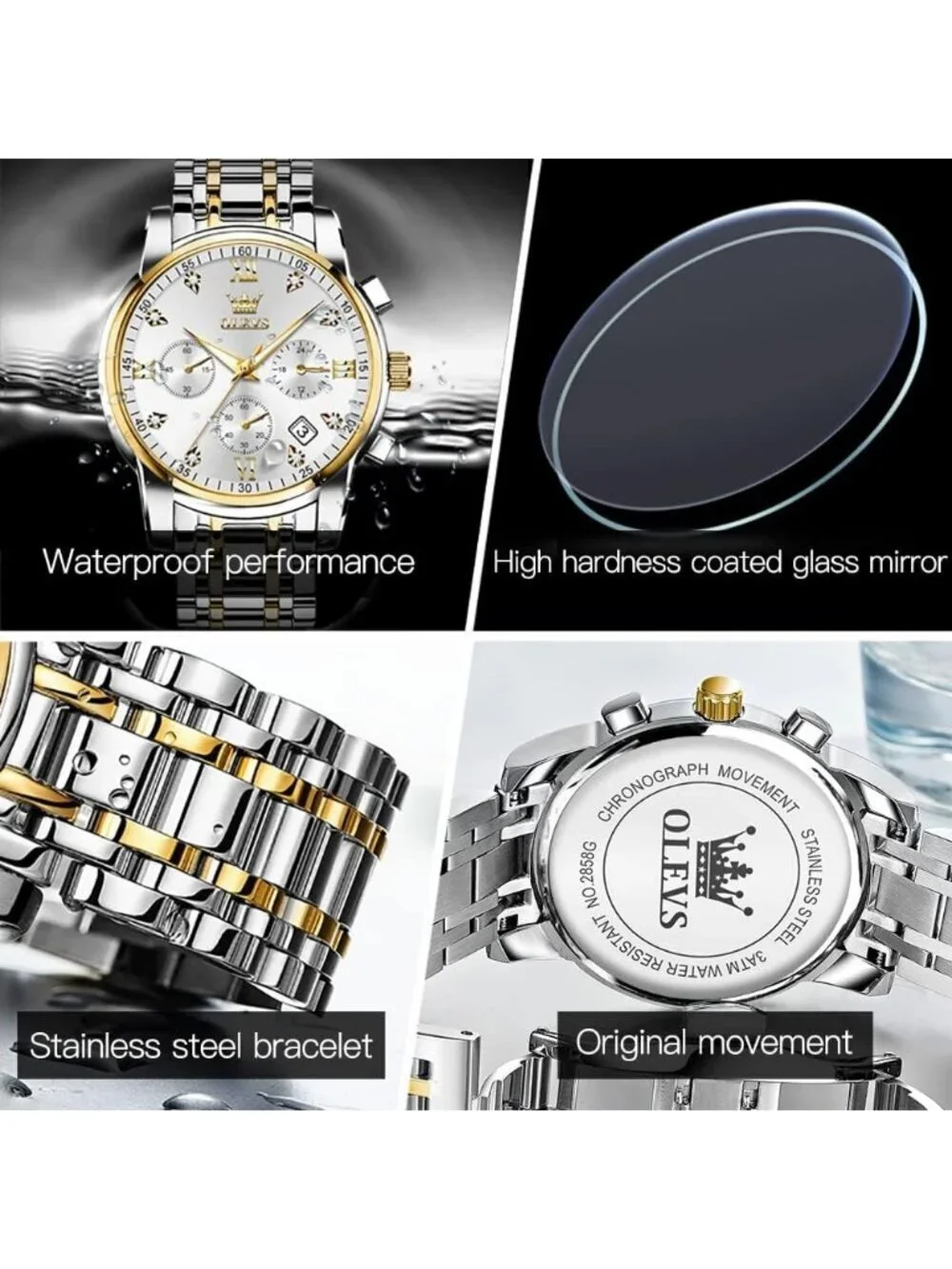 Olevs Men's Silver Multifunction White Face Waterproof Chronograph Wrist Watch
